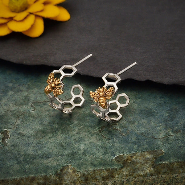 Silver earrings with honeycomb and bronze bee